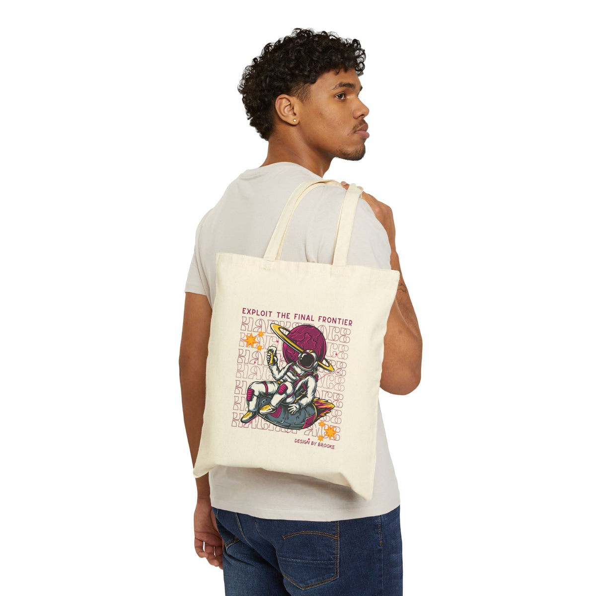Astronaut Tote Bag — "Exploit the Final Frontier" Retro Space